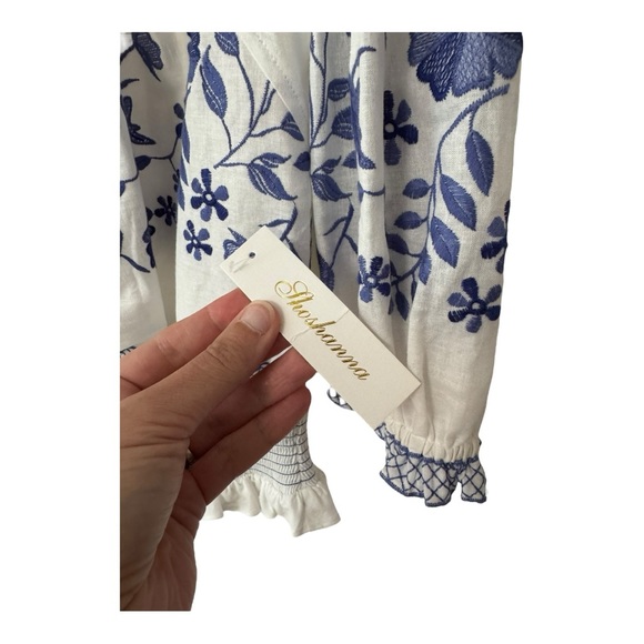 SHOSHANNA | NWT $378 Diego Linen Embroidered Top in White/Blue, Size Medium - Picture 6 of 9